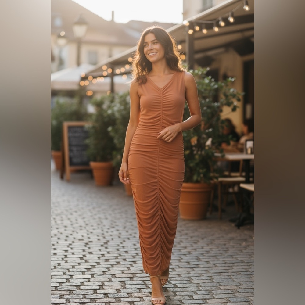 House of Harlow Ruched Bodycon Boho Brown Tan Festival Midi Dress, Size M